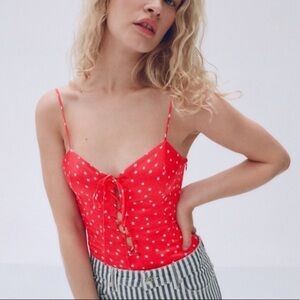 NWT Zara Satin Star Print Thong Bodysuit in Red Size Medium‎